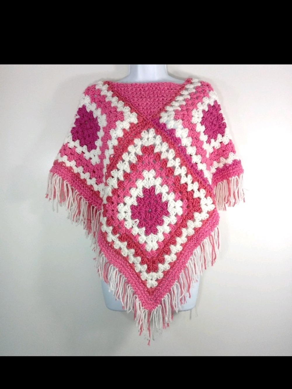 Vtg Handmade Pink Crochet Fringe Poncho